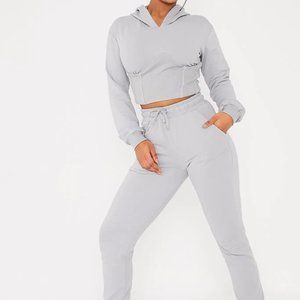 Grey Corset Waist Hoodie And Jogger Set